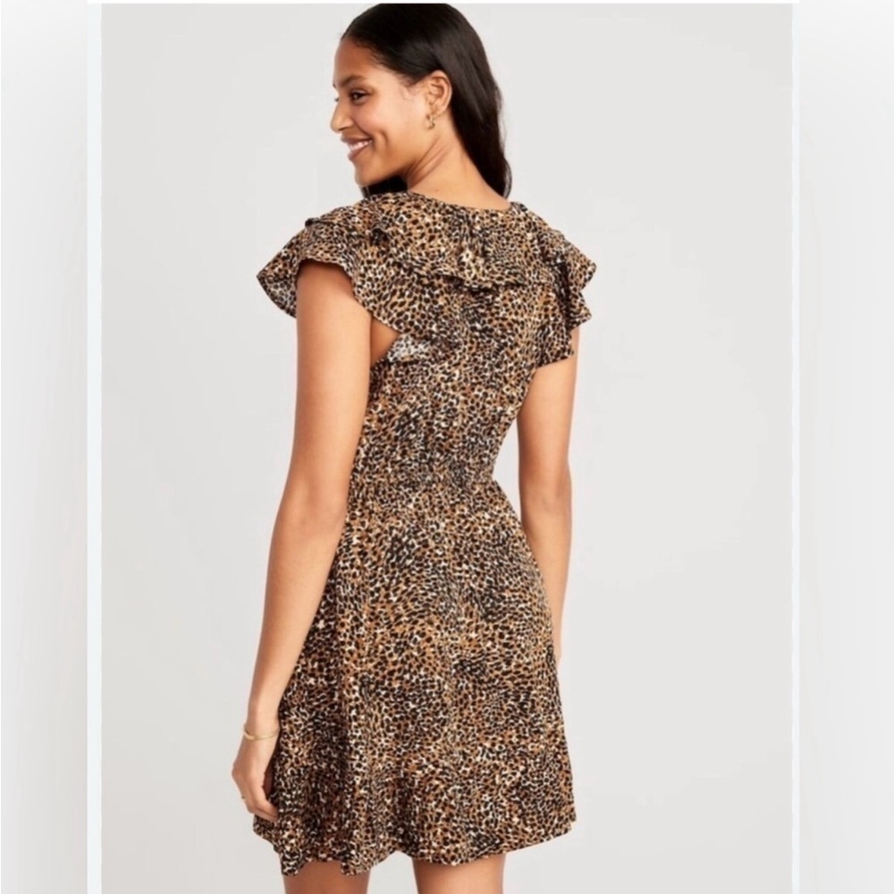 Old Navy Mini Dress Womens Medium Brown Leopard Print Cinched Ruffle-Trim - Picture 2 of 10